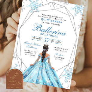 Blue Winter Snowflake Princess Quinceanera Einladung