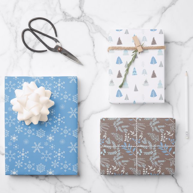 Blue Winter Snowflakes Weihnachtsbäume Geschenkpapier Set (Vorderseite)