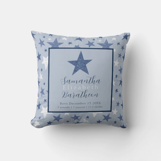 Blue Winter Stars Personalisiert Baby Birth Stat Kissen (Vorderseite)