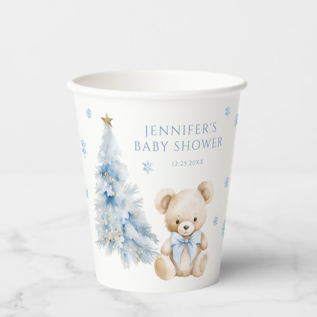 Blue Winter Teddy Bear Pine Tree Baby Girl Shower Pappbecher (Vorderseite)