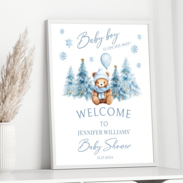 Blue Winter Teddy Bear Pine Trees Baby Boy Dusche Poster (Von Creator hochgeladen)