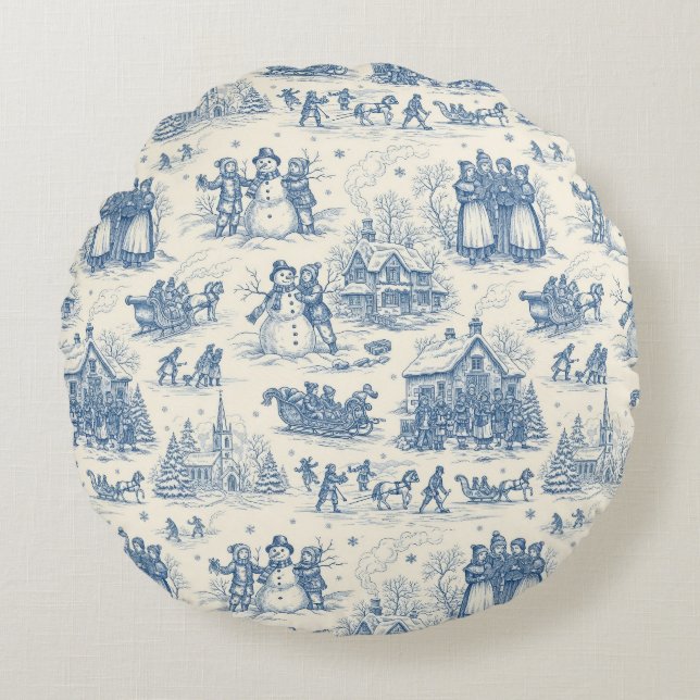 Blue Winter Toile Chinoiserie Rundes Kissen (Vorderseite)