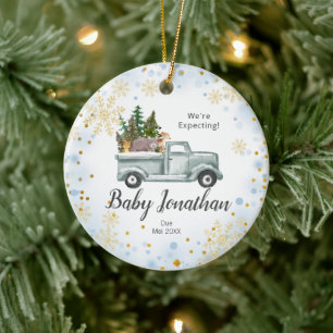 Blue Winter Truck Wir erwarten Eltern Keramik Ornament