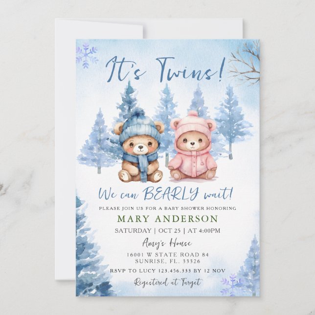Blue Winter Twins Bear Baby Dusche Einladung (Vorderseite)