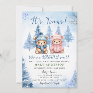 Blue Winter Twins Bear Baby Dusche Einladung