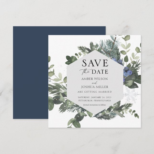 Blue Winter Wedding Save the Date Einladung (Vorne/Hinten)