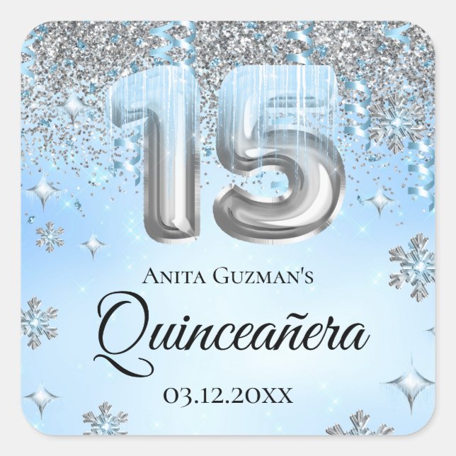 Blue Winter Wonderland Balloons Quinceanera Quadratischer Aufkleber (Vorderseite)