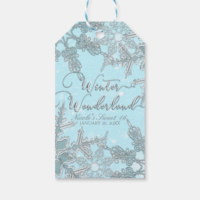 Blue Winter Wonderland Elegante Schneeflocken Hoch Geschenkanhänger (Rückseite)