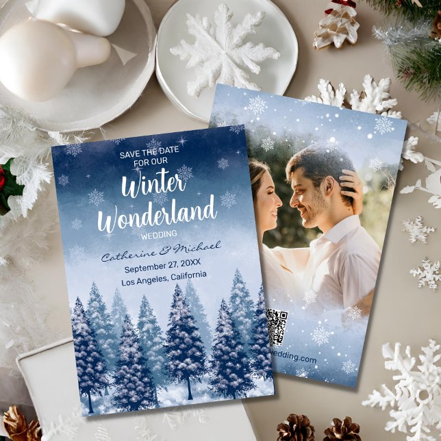 Blue Winter Wonderland Pine Tree Forest Save The Date (Von Creator hochgeladen)