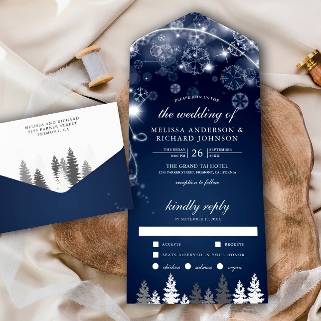 Blue Winter Wonderland Pine Trees Wedding All In One Einladung (Von Creator hochgeladen)