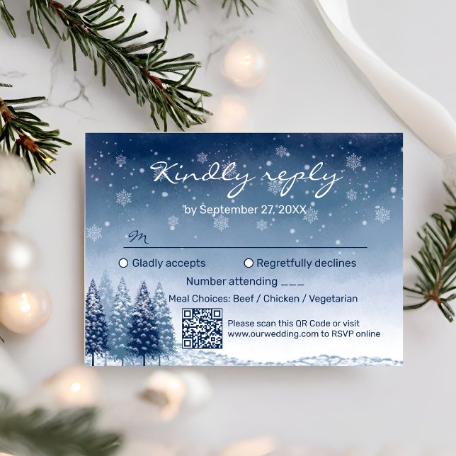 Blue Winter Wonderland QR Code Wedding RSVP Karte (Von Creator hochgeladen)