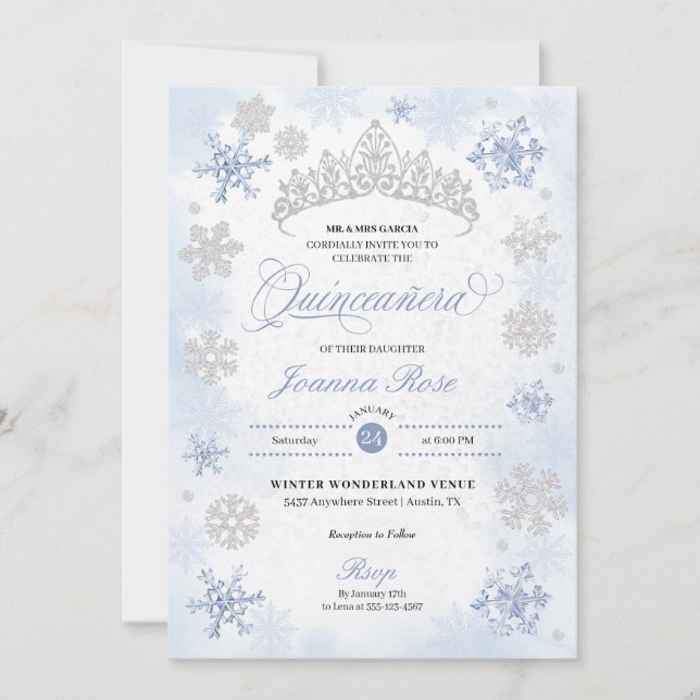 Blue Winter Wonderland Snowflake Quinceanera Einladung (Vorderseite)