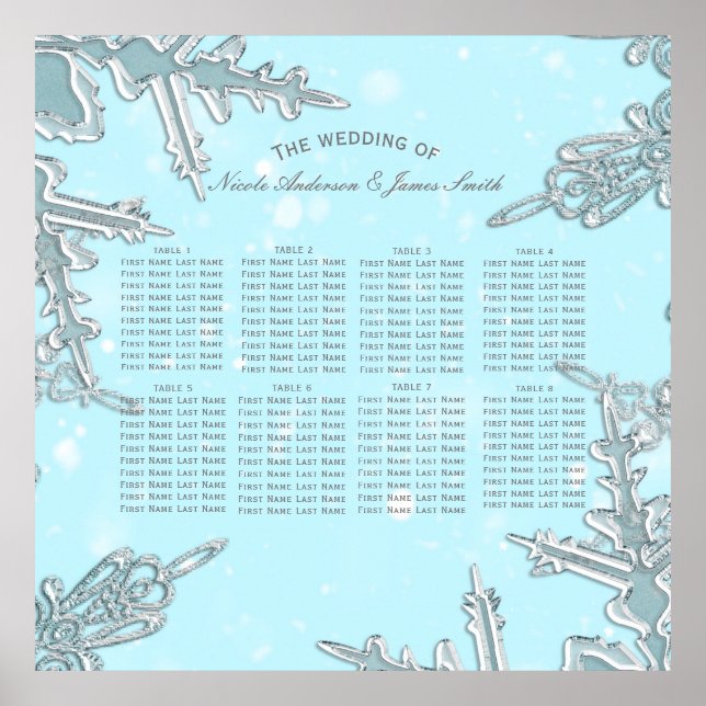 Blue Winter Wonderland Snowflakes Hochzeitsslittch Poster (Vorne)