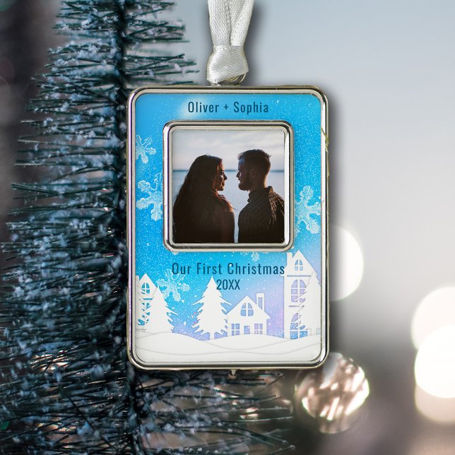 Blue Winter Wonderland Snowy Houses Foto Rahmen-Ornament Silber (Von Creator hochgeladen)