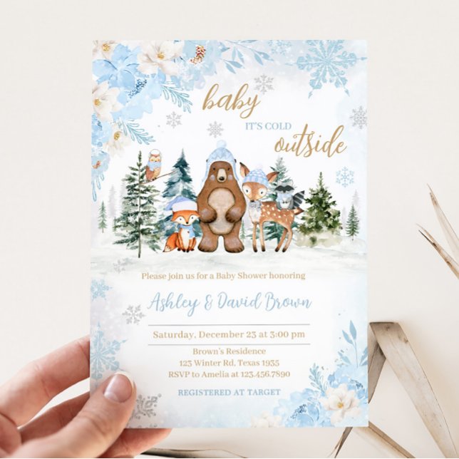 Blue Winter Woodland Animals Baby Dusche Einladung (Blue Baby It's Cold Outside Baby Shower Invitation)