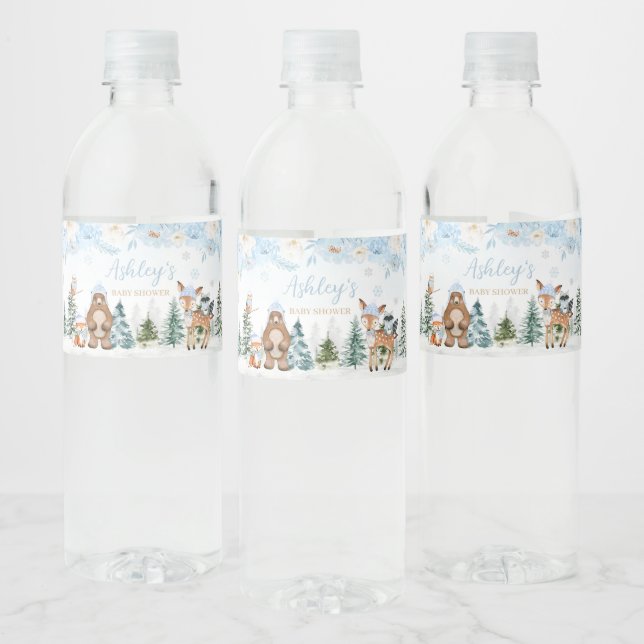 Blue Winter Woodland Animals Baby Dusche Wasserflaschenetikett (Flaschen)