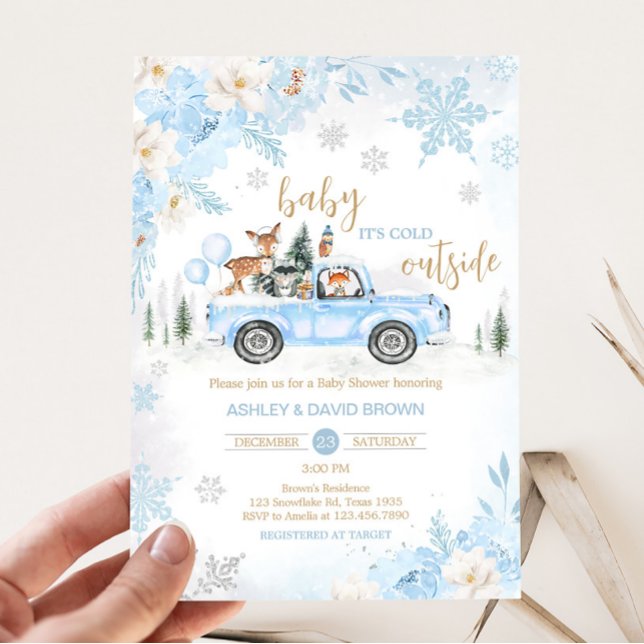 Blue Winter Woodland Truck Baby Dusche Einladung (Blue Baby It's Cold Outside Baby Shower Invitation)