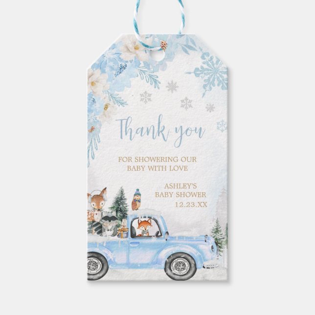 Blue Winter Woodland Truck Gefälligkeitstags Geschenkanhänger (Vorderseite)