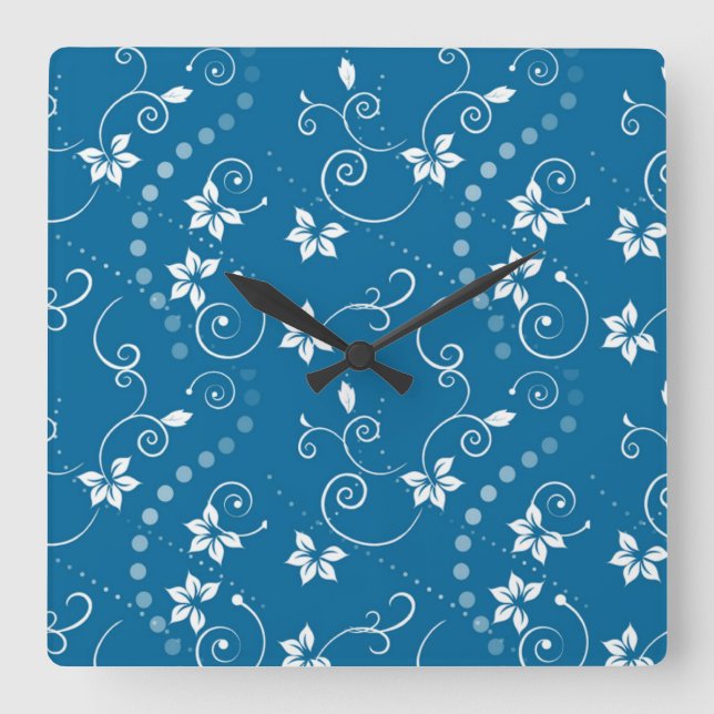 Blue Wirble Blume Square Wall Clock Quadratische Wanduhr (Vorderseite)