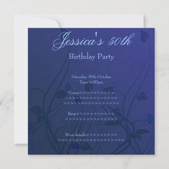 Blue Wispy Leaf Floral 50. Geburtstag Einladung (Vorderseite)
