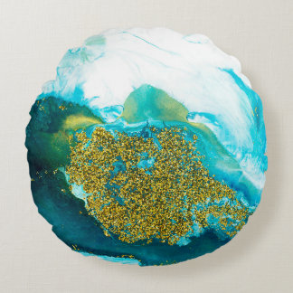 Blue with gold glitter fluid art, creative abstrac rundes kissen