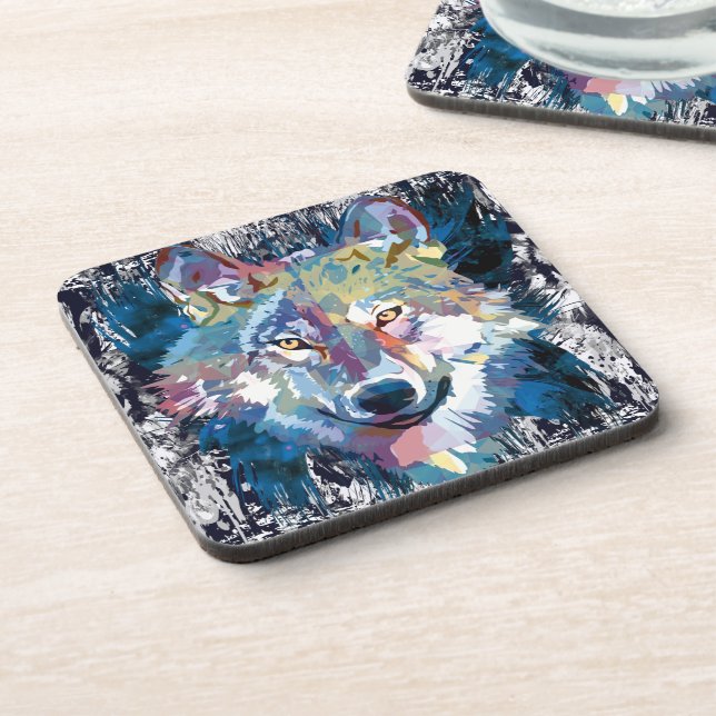 Blue Wolf Beverage Coaster | Farbiger Wolf Zeichne Getränkeuntersetzer (Linke Seite)