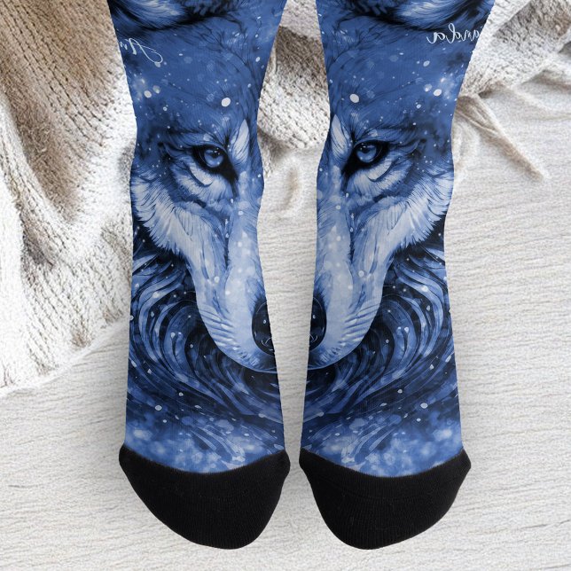 Blue Wolf Cosmic Celestial Sky Stars Personalisier Socken (Blue Wolf Cosmic Celestial Sky Stars Personalized Socks)
