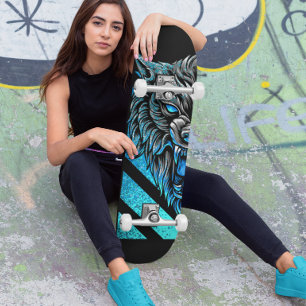 Blue Wolf Head Skateboard