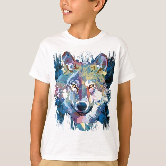 Blue Wolf T - Shirt | Farbiger Wolf Zeichnend (Vorderseite)