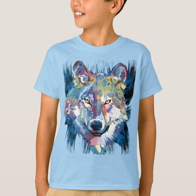 Blue Wolf T - Shirt | Farbiger Wolf Zeichnend (Vorderseite)