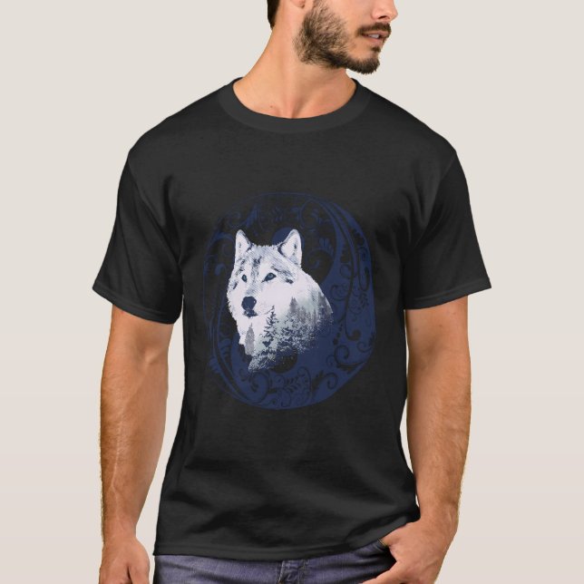Blue Wolf Yin Yang Mandala Forest Nature Art Desig T-Shirt (Vorderseite)