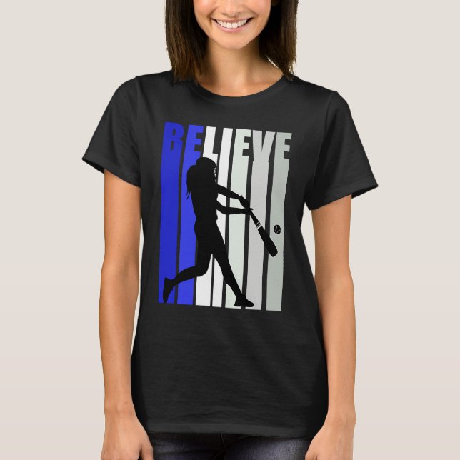 Blue Womens Believe Baseball Inspirational Softbal T-Shirt (Vorderseite)