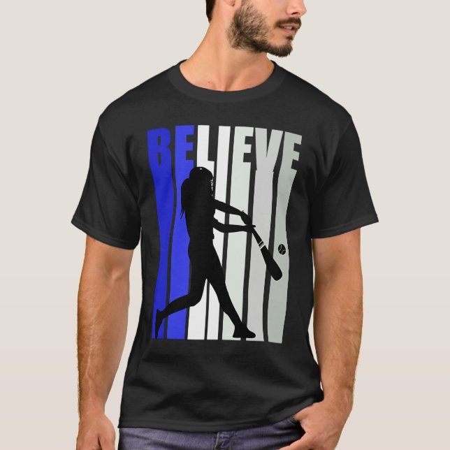 Blue Womens Believe Baseball Inspirational Softbal T-Shirt (Vorderseite)