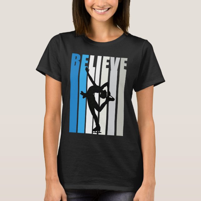 Blue Womens Believe Ice Skating Motivational Retro T-Shirt (Vorderseite)