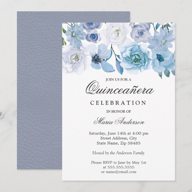Blue Wonderland Grau Blume Quinceanera Einladung (Vorne/Hinten)
