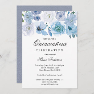 Blue Wonderland Grau Blume Quinceanera Einladung