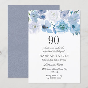 Blue Wonderland Gray Blume 90. Geburtstag Einladun Einladung