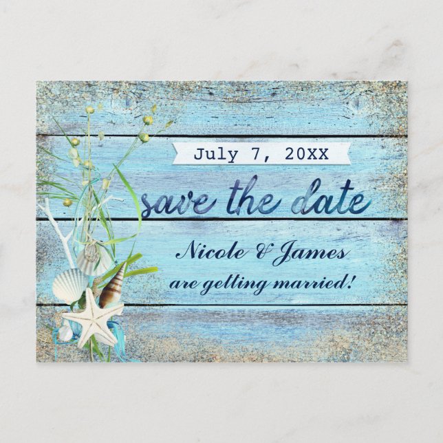 Blue Wood Beach Tropical Save the Date Card Ankündigungspostkarte (Vorderseite)