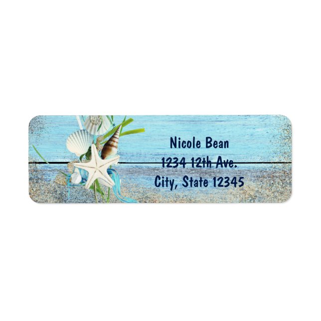 Blue Wood Beach Tropical Wedding Invitation Labels (Vorne)