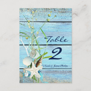 Blue Wood Beach Tropical Wedding Tischnummer Card