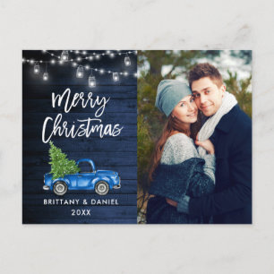 Blue Wood Brush Script Truck Lights Weihnachten Postkarte