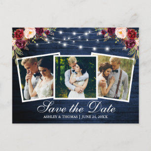 Blue Wood Burgundy Floral 3 Foto Save the Date Einladungspostkarte