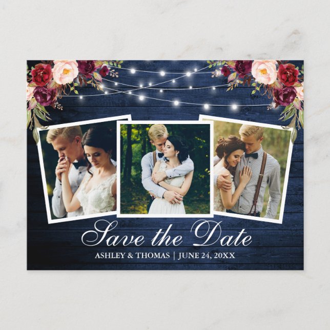 Blue Wood Burgundy Floral 3 Foto Save the Date Einladungspostkarte (Vorderseite)