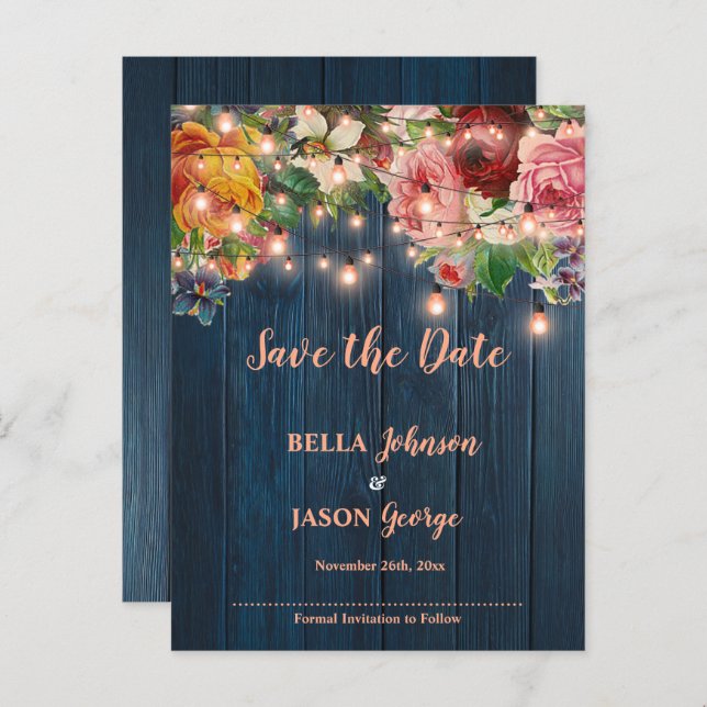 Blue Wood Floral Lights Wedding Save The Date Ankündigungspostkarte (Vorne/Hinten)