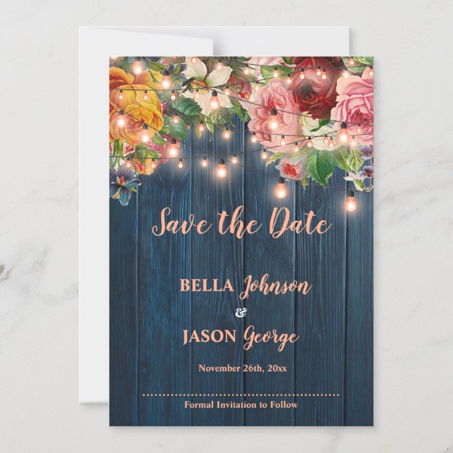 Blue Wood Floral String Lights Save The Date Magneteinladung (Vorderseite)