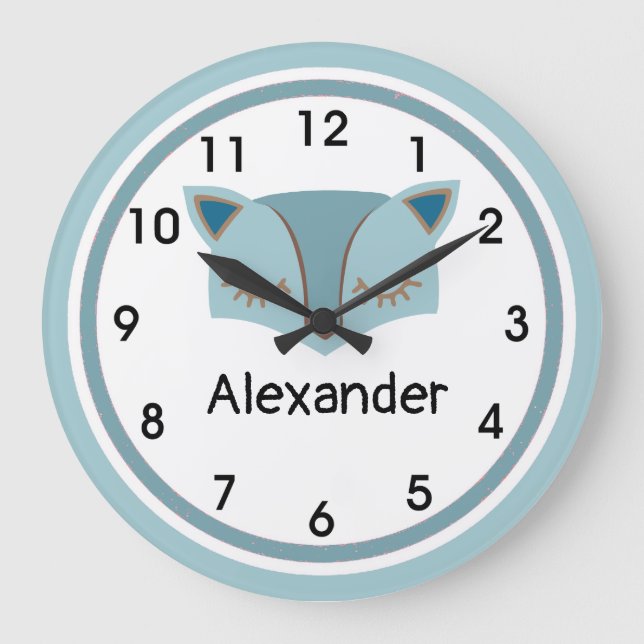 Blue Wood Fox Face Acryl Wall Clock Große Wanduhr (Vorderseite)