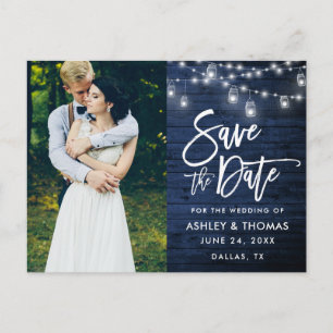 Blue Wood Jar Lights Pinselschrift Save the Date Postkarte