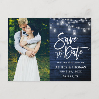 Blue Wood Jar Lights Pinselschrift Save the Date Postkarte