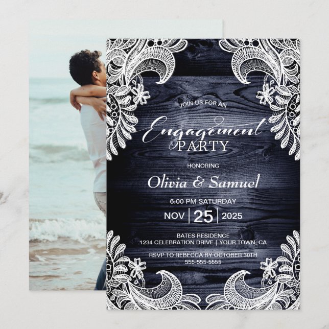 Blue Wood Lace Custom Foto Engagement Party Einladung (Vorne/Hinten)