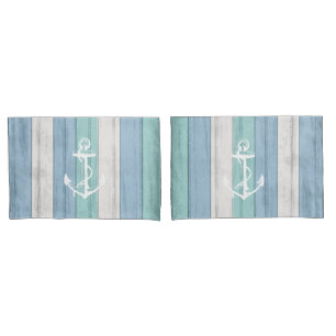 Blue Wood Nautical Stripes & Anchor Kissenbezug